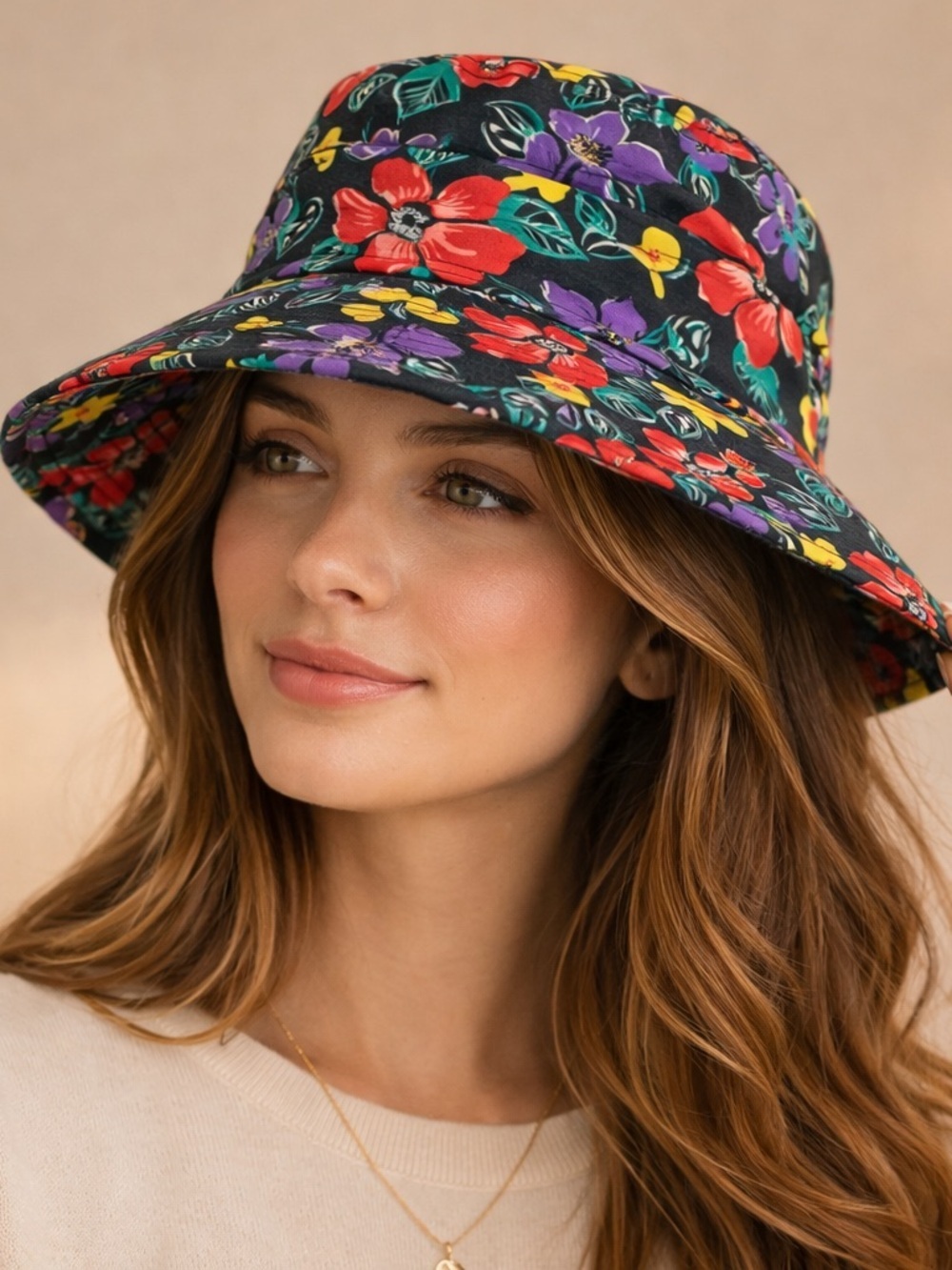 RARE Vintage Betmar Floral Cotton Hat Black Multicolor 90s Cottagecore Cap